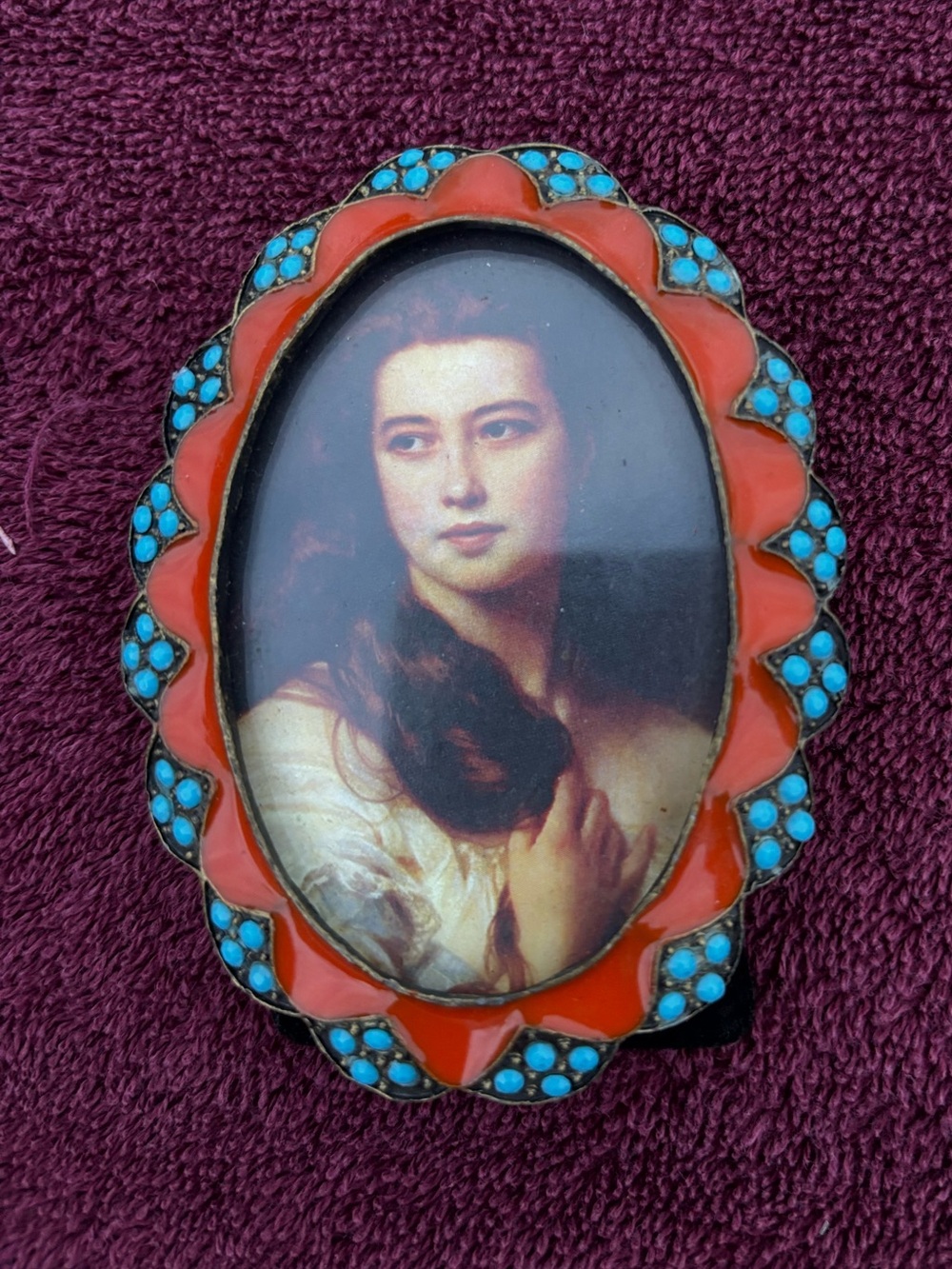 Enamel and glass small picture frame in Coral and Turquoise